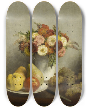 Triptych art skateboard deck of Henri Fantinlatour Flowers And Fruit_1 by Henri Fantin-Latour (1836-1904)