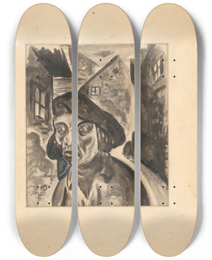 Triptych art skateboard deck of Jn Novk Osamel Postava V Mestskom Prostred by Jan Novak (1921-1944)