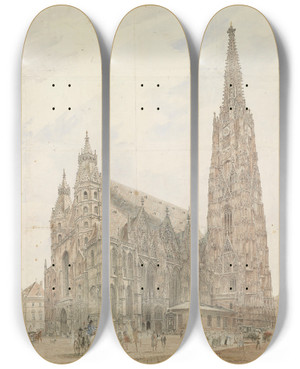 Triptych art skateboard deck of Jakob Alt Stephansdom In Wien by Jakob Alt (1789-1872)