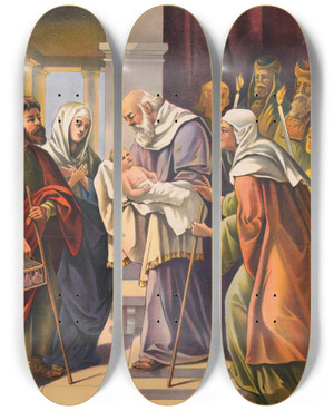 Triptych art skateboard deck of Stecher Litho Co The Presentation Of The Child Jesus In The Temple by Stecher Litho Co (1871)