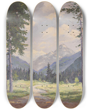 Triptych art skateboard deck of Alois Hernick Almlandschaft by Alois Hernick (1870-1939)