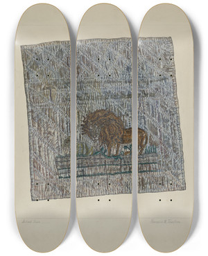 Triptych art skateboard deck of Florence Truelson Quilt Block Audax Et Fides by Florence Truelson