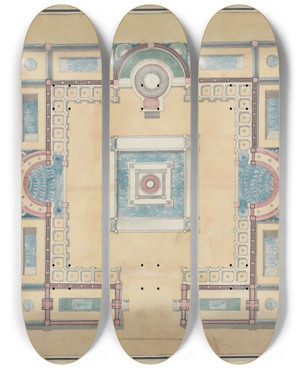 Triptych art skateboard deck of Charles Percier Plan For A Menagerie by Charles Percier (1764-1838)