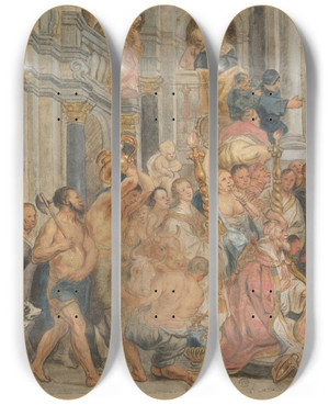 Triptych art skateboard deck of Jacob Jordaens Saint Paul At Lystra by Jacob Jordaens (1593-1678)