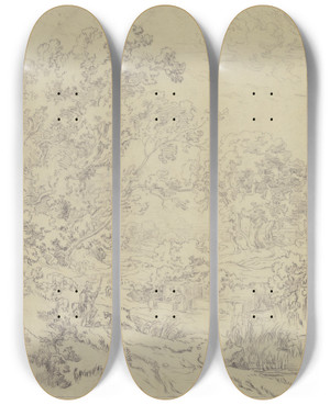Triptych art skateboard deck of Friedrich Metz Heroische Landschaft Mit Hirten by Friedrich Metz (1820-1901)