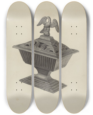 Triptych art skateboard deck of Milton Grubstein Stove Urn_2 by Milton Grubstein