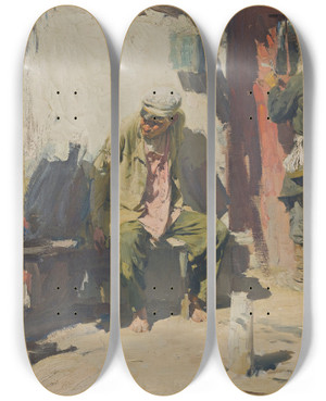 Triptych art skateboard deck of Abram Efimovich Arkhipov Beggars_1 by Abram Efimovich Arkhipov (1862-1930)