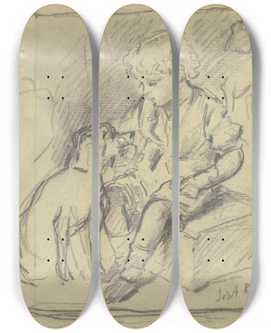 Triptych art skateboard deck of Otto Scholderer Sitzender Knabe Mit Sitzendem Hund_1 by Otto Scholderer (1834-1902)