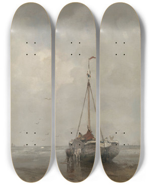 Triptych art skateboard deck of Jacob Maris Bluffbowed Fishing Boat On The Beach At Scheveningen by Jacob Maris (1837-1899)