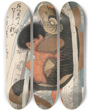 Triptych art skateboard deck of Toyota Hokkei Kaidomaru Wrestling A Carp In A Cascade by Toyota Hokkei
