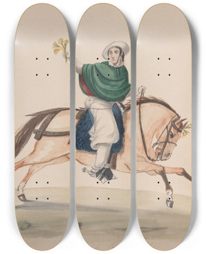 Triptych art skateboard deck of Francisco Fierro An Elegantly Dressed Woman On Horseback_2 by Francisco Fierro (1807-1879)