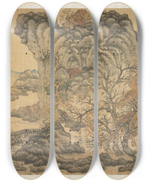 Triptych art skateboard deck of Chen Hongshou Travelers In An Autumn Landscape by Chen Hongshou (1598-1652)
