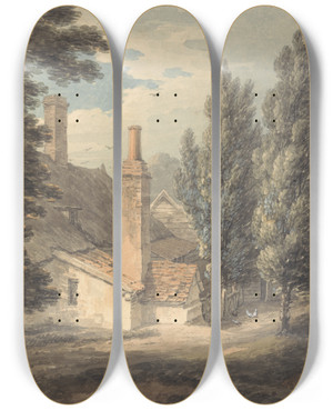 Triptych art skateboard deck of Thomas Hearne The Back Of A Farm House by Thomas Hearne (1744-1817)