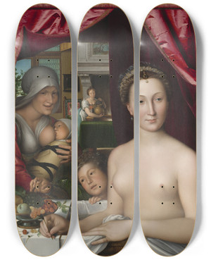 Triptych art skateboard deck of Franois Clouet A Lady In Her Bath by Francois Clouet (1536-1572)