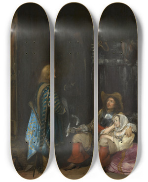 Triptych art skateboard deck of Gerard Ter Borch The Unwelcome News by Gerard Ter Borch (1617-1681)