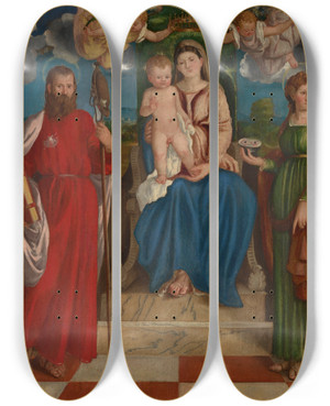 Triptych art skateboard deck of Girolamo Denti The Madonna And Child With Saint James And Saint Lucy by Girolamo Denti