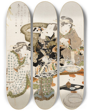 Triptych art skateboard deck of Utagawa Kunisada Toyokuni Iii The Actor Onoe Kikugor Iii At Umemoto Teahouse by Utagawa Kunisada (Toyokuni III) (1786-1865)