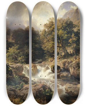 Triptych art skateboard deck of Johann Gottfried Steffan Landscape With Motifs From The Murgtal By The Walensee by Johann Gottfried Steffan (1815-1905)