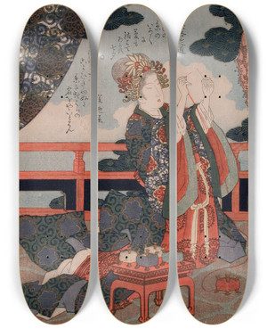 Triptych art skateboard deck of Yashima Gakutei Representing The Tanabata Festival Weaver Princess Threading A Needle by Yashima Gakutei (1786-1868)