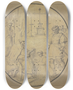 Triptych art skateboard deck of Theodoor Rombouts Ein Junger Geistlicher Mit Heiligenschein Wird Von Einem Bischof Mit Einem Gewand Bekleidet Rechts Ein Krieger Mit Einem Schwert by Theodoor Rombouts (1597-1637)
