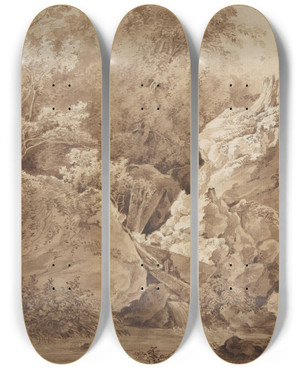 Triptych art skateboard deck of Johann Georg Von Dillis Woodland Scene With Mountain Stream by Johann Georg Von Dillis (1759-1841)