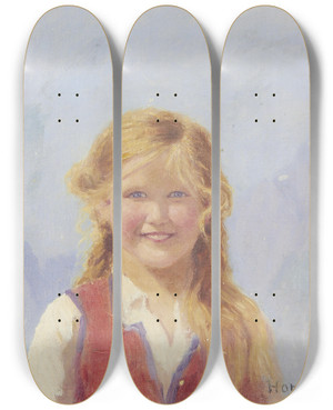 Triptych art skateboard deck of Hans Dahl Portrait Of A Young Girl by Hans Dahl (1849-1937)