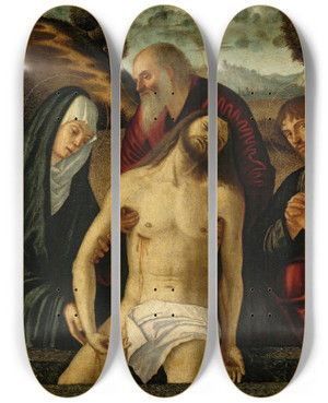Triptych art skateboard deck of Vittore Carpaccio The Lamentation With The Madonna And Saints Joseph Of Arimathea And John The Evangelist by Vittore Carpaccio (1465-1525)
