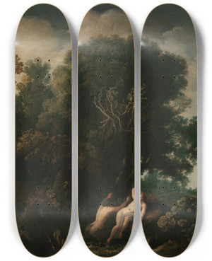 Triptych art skateboard deck of Moyses Van Uyttenbroek A Bathing Nymph Taken By Surprise By A Satyr by Moyses Van Uyttenbroek (1600-1646)
