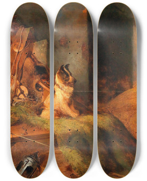 Triptych art skateboard deck of Johann Matthias Ranftl Dog In The Tack Room by Johann Matthias Ranftl (1804-1854)