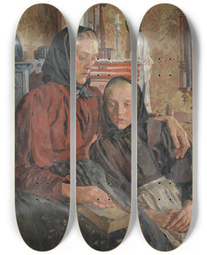 Triptych art skateboard deck of Carl Wilhelmson Sisters by Carl Wilhelmson (1866-1928)