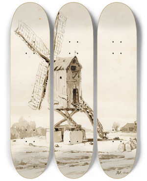 Triptych art skateboard deck of Pieter Van Loon Een Standerdmolen_1 by Pieter Van Loon (1801-1873)