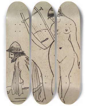Triptych art skateboard deck of Gustaw Gwozdecki Ulysses And Calypso by Gustaw Gwozdecki (1880-1935)