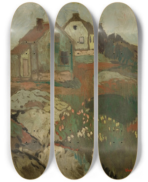 Triptych art skateboard deck of Arnulf Verland Landskap Med Hus by Arnulf Overland (1889-1968)