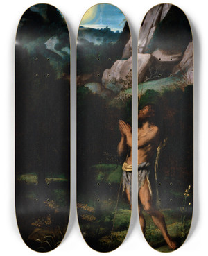 Triptych art skateboard deck of Moretto Da Brescia St John The Baptist In The Wilderness by Moretto Da Brescia (1498-1554)