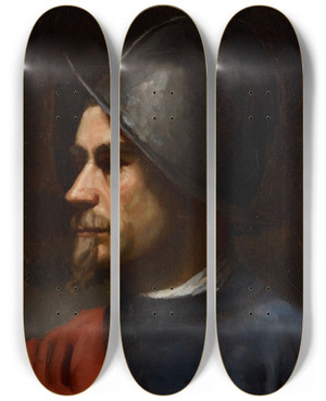 Triptych art skateboard deck of Helene Schjerfbeck Warrior In Helmet by Helene Schjerfbeck (1862-1946)