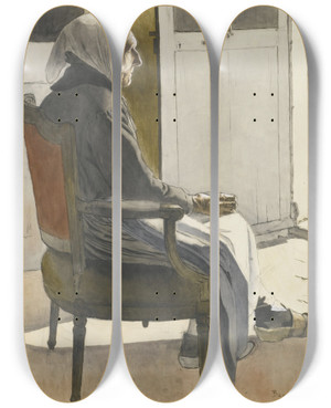 Triptych art skateboard deck of Bernard Boutet De Monvel Portrait De Vieille Paysanne Assise Devant Une Port by Bernard Boutet De Monvel (1881-1949)