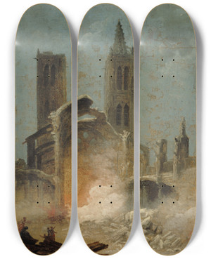 Triptych art skateboard deck of Hubert Robert La Dmolition De Lglise Saintjeanengrve En 1800 by Hubert Robert (1733-1808)