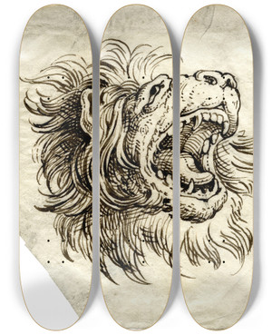 Triptych art skateboard deck of David Humbert De Superville Leeuwenkop Met Opengesperde Muil by David Humbert De Superville (1770-1849)