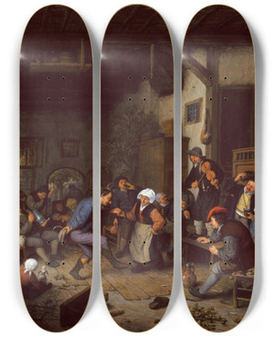 Triptych art skateboard deck of Adriaen Van Ostade Merrymakers In An Inn by Adriaen Van Ostade (1610-1684)