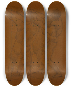 Triptych art skateboard deck of Pierre Puvis De Chavannes Trois Hommes Nus Debout Tirant Sur Des Cordes by Pierre Puvis De Chavannes (1824-1898)