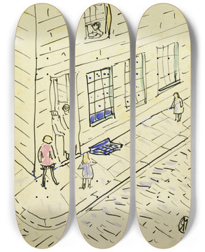 Triptych art skateboard deck of Raymond Mcintyre Figures In A Doorway by Raymond Mcintyre (1879-1933)