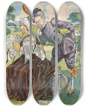 Triptych art skateboard deck of Frank Arthur Nankivell He Loves Me He Loves Me Not by Frank Arthur Nankivell (1869-1959)
