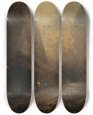 Triptych art skateboard deck of Elias Martin Mountain Landscape With Banditti by Elias Martin (1739-1818)