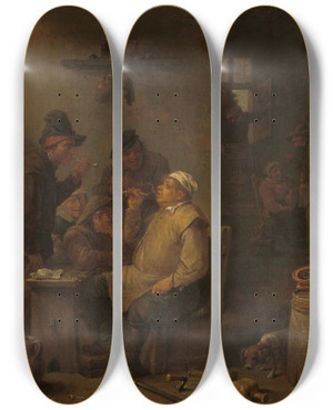 Triptych art skateboard deck of David Teniers The Younger Mason Smoking With Companions In A Tavern by David Teniers The Younger (1610-1690)