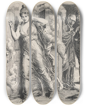 Triptych art skateboard deck of Charles Dana Gibson The Liberty Loan At Everymans Door by Charles Dana Gibson (1867-1944)