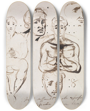 Triptych art skateboard deck of Benjamin Robert Haydon Study Of Facial Expressions by Benjamin Robert Haydon (1786-1846)