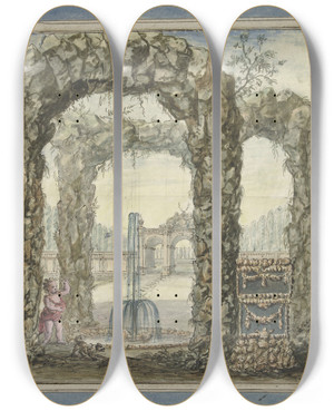 Triptych art skateboard deck of Elias Van Nijmegen Ontwerp Voor Een Kamerbeschildering Met Stenen Bogen Met Een Fontein En Zicht Op Een Tuin by Elias Van Nijmegen (1667-1755)