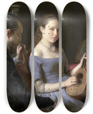 Triptych art skateboard deck of Charles Van Beveren The Duet by Charles Van Beveren (1809-1850)