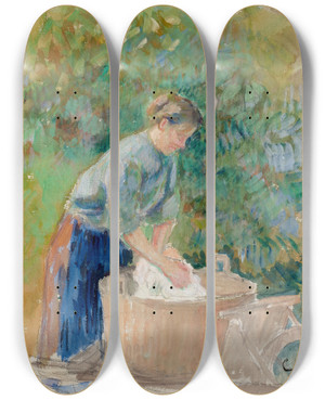Triptych art skateboard deck of Camille Pissarro Femme Lavant Du Linge Dans Un Baquet by Camille Pissarro (1830-1903)