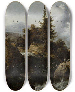 Triptych art skateboard deck of Allaert Van Everdingen Landscape With Waterfall_1 by Allaert Van Everdingen (1621-1675)